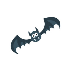 Obraz premium Cute flying bat vector illustration. Cartoon drawing of funny spooky Halloween character smiling isolated on white background. Halloween, fantasy concept