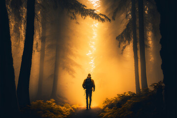 Male hiker walking into the bright gold rays of light in a misty forest, landscape shot with dramatic beautiful lighting mood