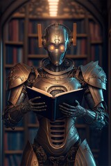 Robotic Android reading a book in futuristic library. generative ai