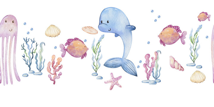 Watercolor seamless border with sea animals and sea plants.