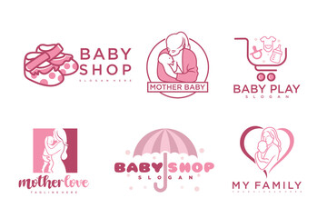 happy baby and mother icon set logo design.badges for children store & baby care center.illustration