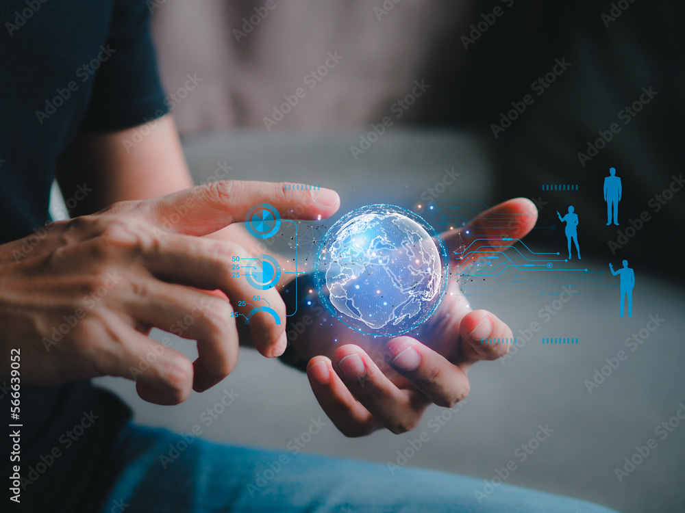 Poster social network interface businessman icon.businessman touching global network and data customer conn