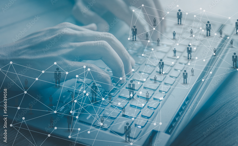 Poster social network interface businessman icon.businessman touching global network and data customer conn