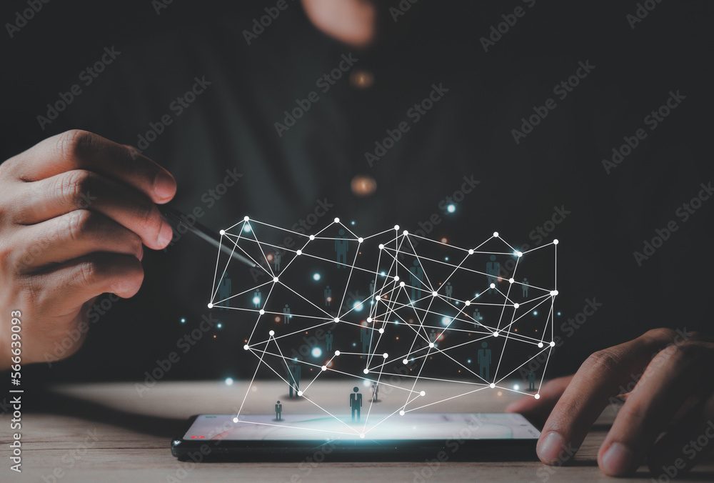 Poster social network interface businessman icon.businessman touching global network and data customer conn
