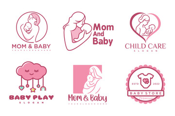 happy baby and mother icon set logo design.badges for children store & baby care center.illustration