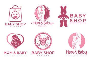 happy baby and mother icon set logo design.badges for children store & baby care center.illustration
