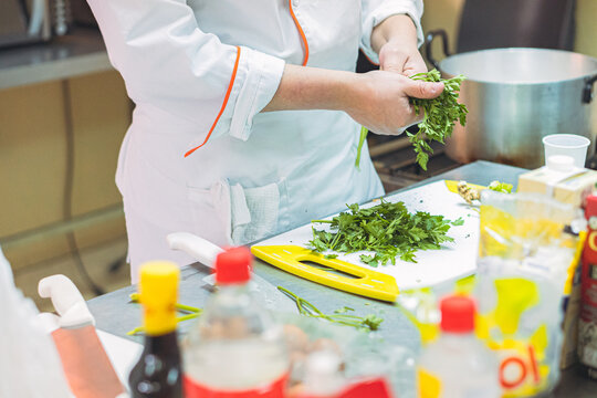 Crop woman removing cilantro leaves in restaurant kitchen