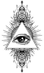 Obraz premium Blackwork tattoo flash. Eye of Providence. Masonic symbol. All seeing eye inside triangle pyramid. New World Order. Sacred geometry, religion, spirituality, occultism. Isolated vector illustration.