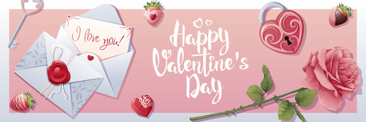 Horizontal banner for valentine's day. Romantic holiday, advertising, holiday greetings. Banner, poster, flyer with love letter, rose and lock with key