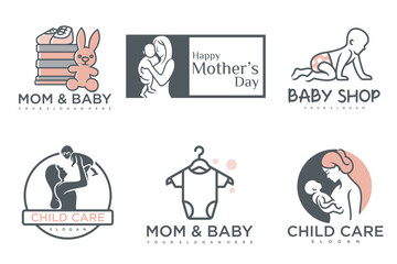 happy baby and mother icon set logo design.badges for children store & baby care center.illustration