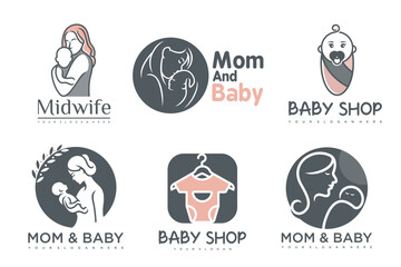 happy baby and mother icon set logo design.badges for children store & baby care center.illustration