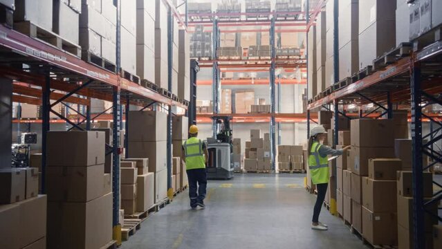Retail Warehouse with High Shelves and Goods in Cardboard Boxes. Team of Professional Workers Scan and Sort Packages, Operate Hand Pallet Trucks and Forklifts. e-Commerce Products Distribution Center