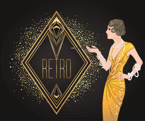 Flapper girl. Art deco 1920s style vintage invitation template design for drink list, bar menu, glamour event, thematic wedding, jazz party flyer. Vector art.