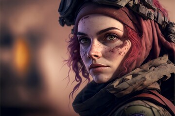 Soldato donna con i capelli rosa e faccia provata, generative ai