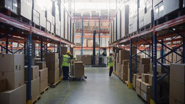 Retail Warehouse full of Shelves with Goods in Cardboard Boxes, in Background, Loaders Move Inventory with Forklifts. Female Worker Scans and Sort Packages. Product Distribution Logistics Center