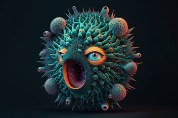 Generative AI illustration of surrealistic pufferfish with opened mouth