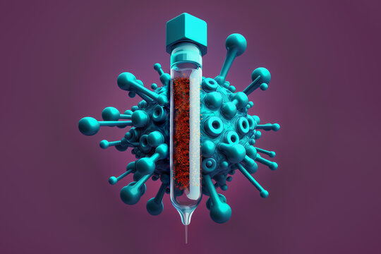 Generative AI image of test tube with virus on purple background