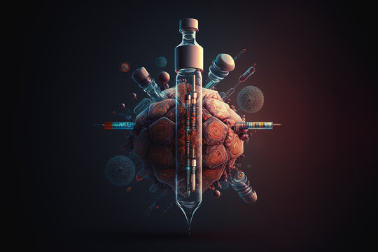 Generative AI illustration of flask with medicine from virus
