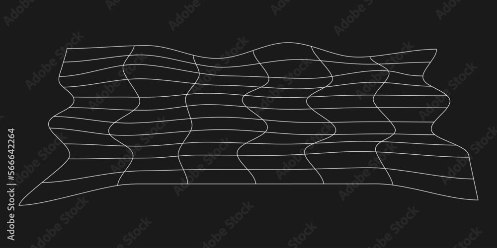 Poster cyber distorted grid, retro punk design element. wireframe wave geometry grid on black background. v