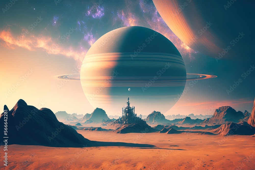 Poster saturn. a ringed planet as viewed from an uninhabited planet. a cosmic setting where a planet is out