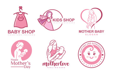 happy baby and mother icon set logo design.badges for children store & baby care center.illustration