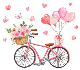Watercolor Valentine's day illustration of cute pink bicycle, balloons, and floral basket with roses, hearts, and butterflies. PNG clipart on transparent background.