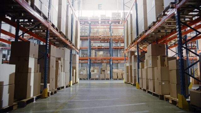 Large Retail Warehouse full of Shelves with Goods in Cardboard Boxes and Packages. Logistics, Sorting and Distribution Facility for Product Delivery. Low Camera Moving Forward Between Rows of Shelves