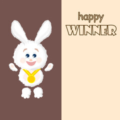 Fluffy white winner bunny with a gold medal on his chest on a beige brown background with text box. Cartoon vector illustration.
