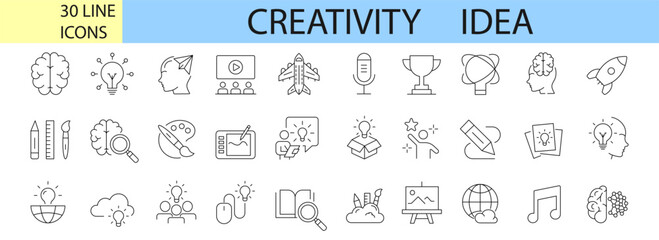 set of vector lines creativity. Contains such Icons as Inspiration, Idea, Brain and more. Editable