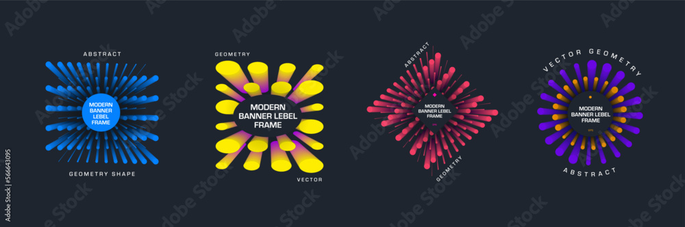 Poster vector banner template, modern geometric tag with round elements in a circle, square, rhombus, text 