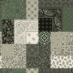 Paisley bandana fabric patchwork vintage vector seamless pattern - obrazy, fototapety, plakaty