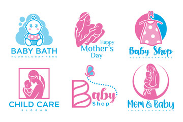 happy baby and mother icon set logo design.badges for children store & baby care center.illustration