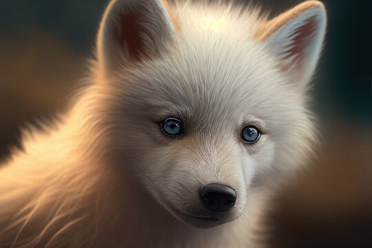 Portrait of a white baby wolf. Arctic wolf cub close up. AI generative
