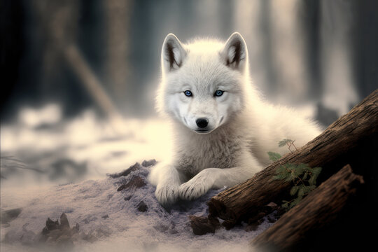 Portrait of a white baby wolf. Arctic wolf cub on nature background. AI generative