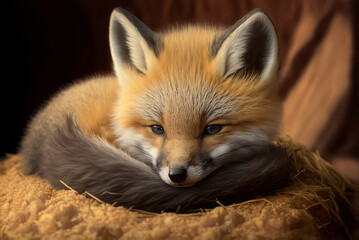 Obraz premium Red fox baby portrait, close up. Vulpes vulpes cub. AI generative