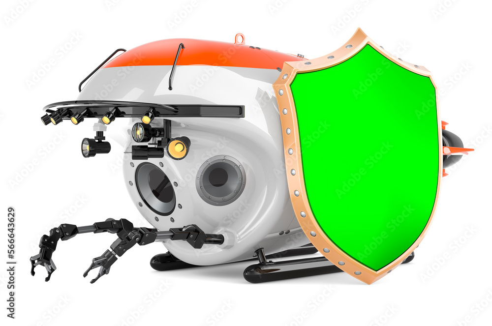 Poster bathyscaphe with shield, 3d rendering