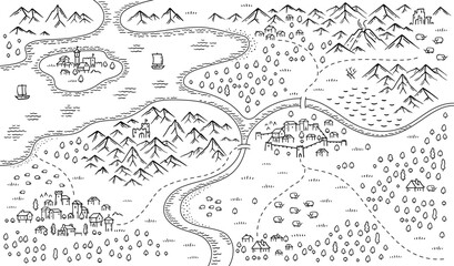Medieval fantasy map. Mountain river and village. Middle Ages map. Hand drawn vector.