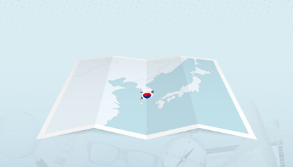 Fototapeta na wymiar Map of South Korea with the flag of South Korea in the contour of the map on a trip abstract backdrop.