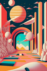 Pop art minimalism retro, futurism art, environmental art, space illustration, granular texture Generative AI	