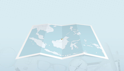 Map of Brunei with the flag of Brunei in the contour of the map on a trip abstract backdrop.