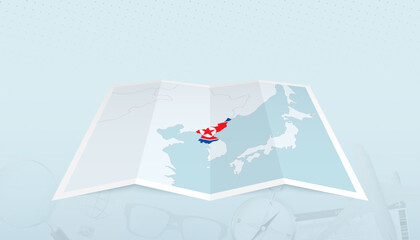 Map of North Korea with the flag of North Korea in the contour of the map on a trip abstract backdrop.