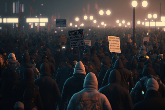 Crowds of protesters took to the streets of the evening city, marching with placards, art created by artificial intelligence