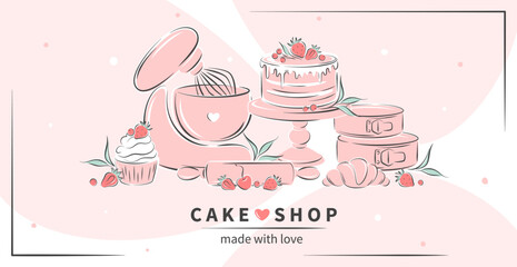 Cake shop. Kitchen tools, different desserts, pastry dishes, ingredients for baking items. Cutlery, mixer, cake, croissant and berry. Vector illustration