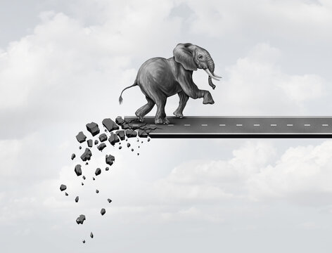 Point of no return as a final irreversable concept for cutting ties and leaving the past or breaking away embracing change to focus only on the future as an elephant 