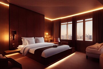 Luxury modern style bedroom, Interior of a hotel bedroom. Generative AI illustration