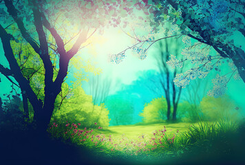 Blooming trees in spring on sunny day with beautiful carpet of green young grass in rays of sunlight. Spring natural landscape background. Generative AI.