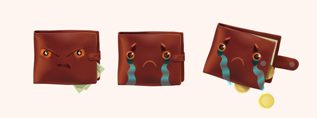 set of business icons, brown leather wallet emoji, angry, sad, crying, broke, budget, poor, stress, payment, economy, golden coins fall, vector isolated realistic illustration