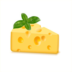 Emmental hard cheese slice, triangular piece with holes. Basil leaf on a piece of cheese. Dairy product. Delicious swiss cheese. Realistic vector illustration isolated on white background