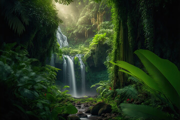 A waterfall surrounded by lush greenery in a tropical jungle, 