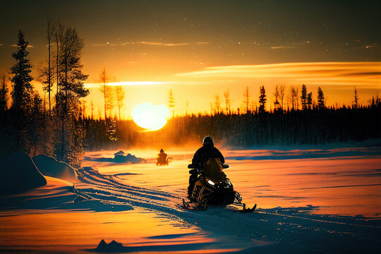 Persona no reconocible utilizando una moto de nieve en un paisaje nevado al atardecer. Imagen generada con AI